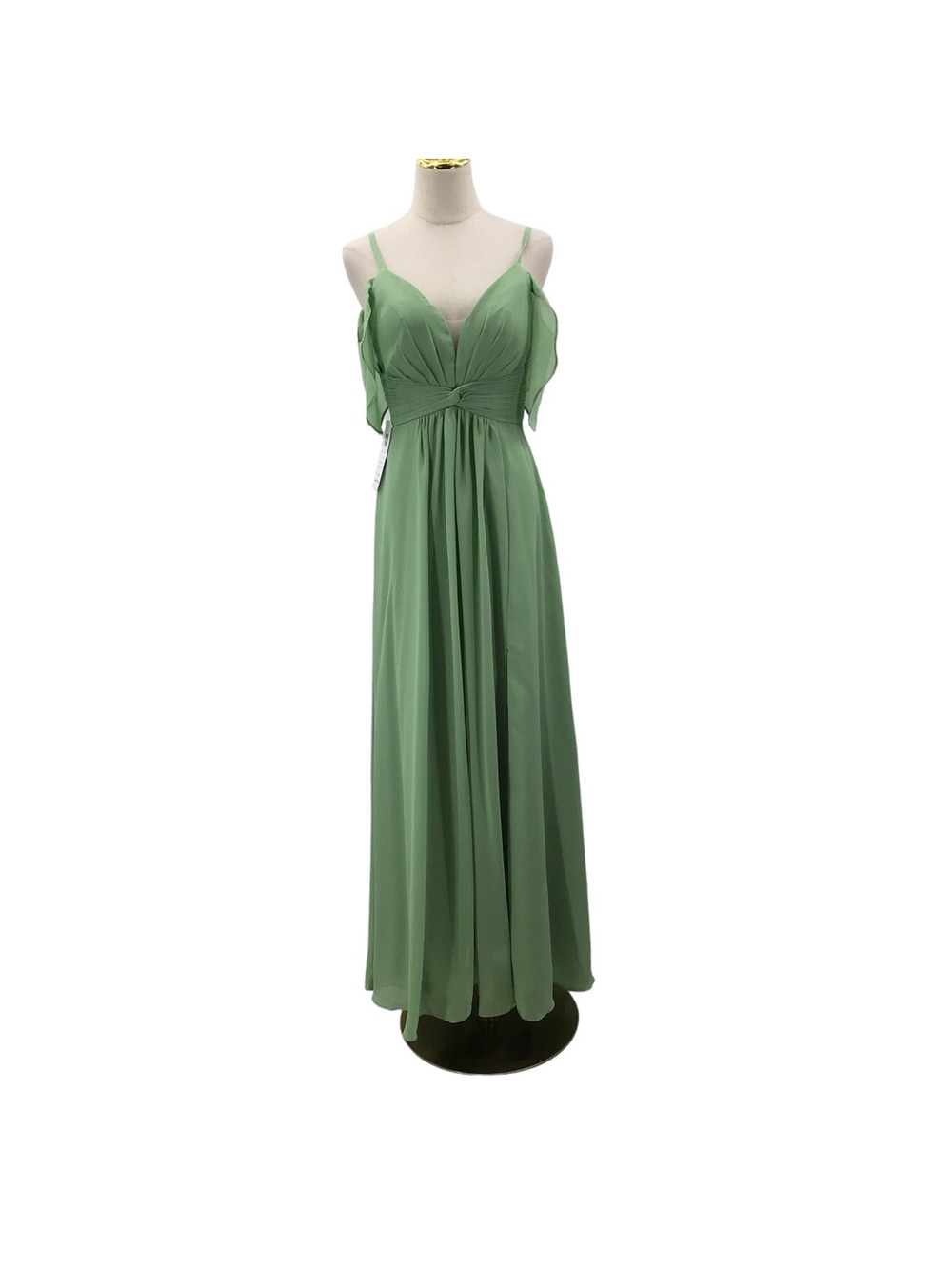 BRIDESMAID SZ 2 XS Green cold shoulder lace up pleated party maxi dress NWT 0B17